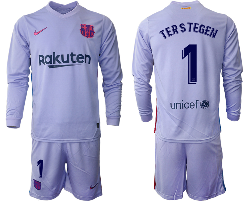 Men 2021-2022 Club Barcelona Second away purple Long Sleeve #1 Soccer Jersey